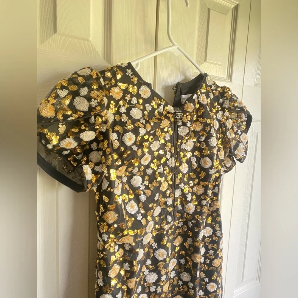 New Self-Portrait Black Sequins Embellished Short Sleeves Belted Mesh Midi Dress - Picture 5 of 14